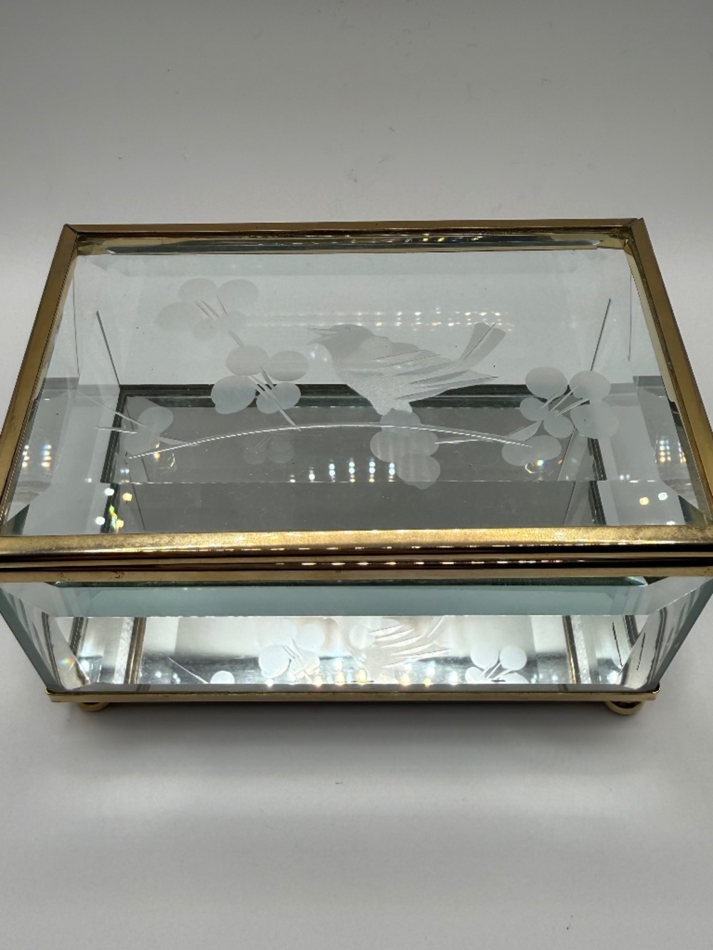 Vintage Westland Etched Glass Brass Bird Trinket Jewelry Box